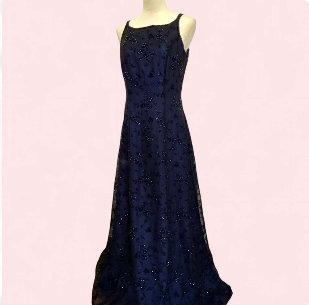 Vintage 90s Betsy & Adam by Jaslene Navy Blue Floral Beaded Lace Maxi Prom Gown